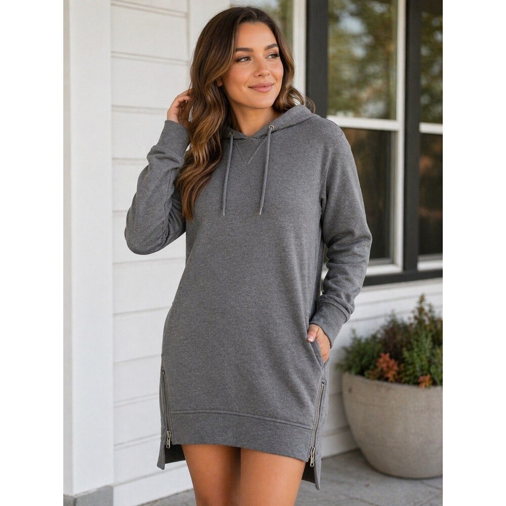 Mossimo Gray Hoodie Dress Women’s Pullover Sweatshirt Tunic w/ Side Zippers